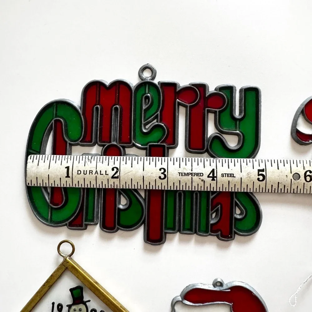 Vintage Stained Glass Christmas‎ Ornaments: Santa, Snowman, Set of 6